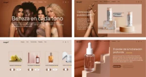 Collage de cuatro paneles del sitio ‘Sector Cosmética Natural – Paleta “Natural Glow by Wordpry”’: en la parte superior, modelos de distintos tonos de piel junto a envases cosméticos Dangila sobre fondos beige; en la inferior, cuadrícula de productos cosméticos y primer plano de pipeta sobre fondo neutro.