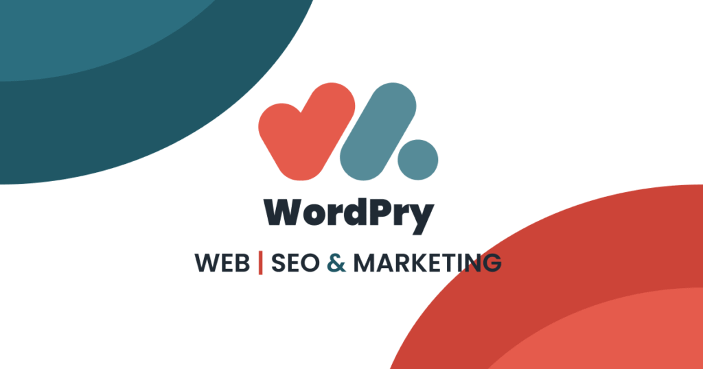 Logotipo de WordPry con el eslogan WEB | SEO & MARKETING, acompañado de isotipo en tonos coral y azul sobre fondo blanco decorativo.